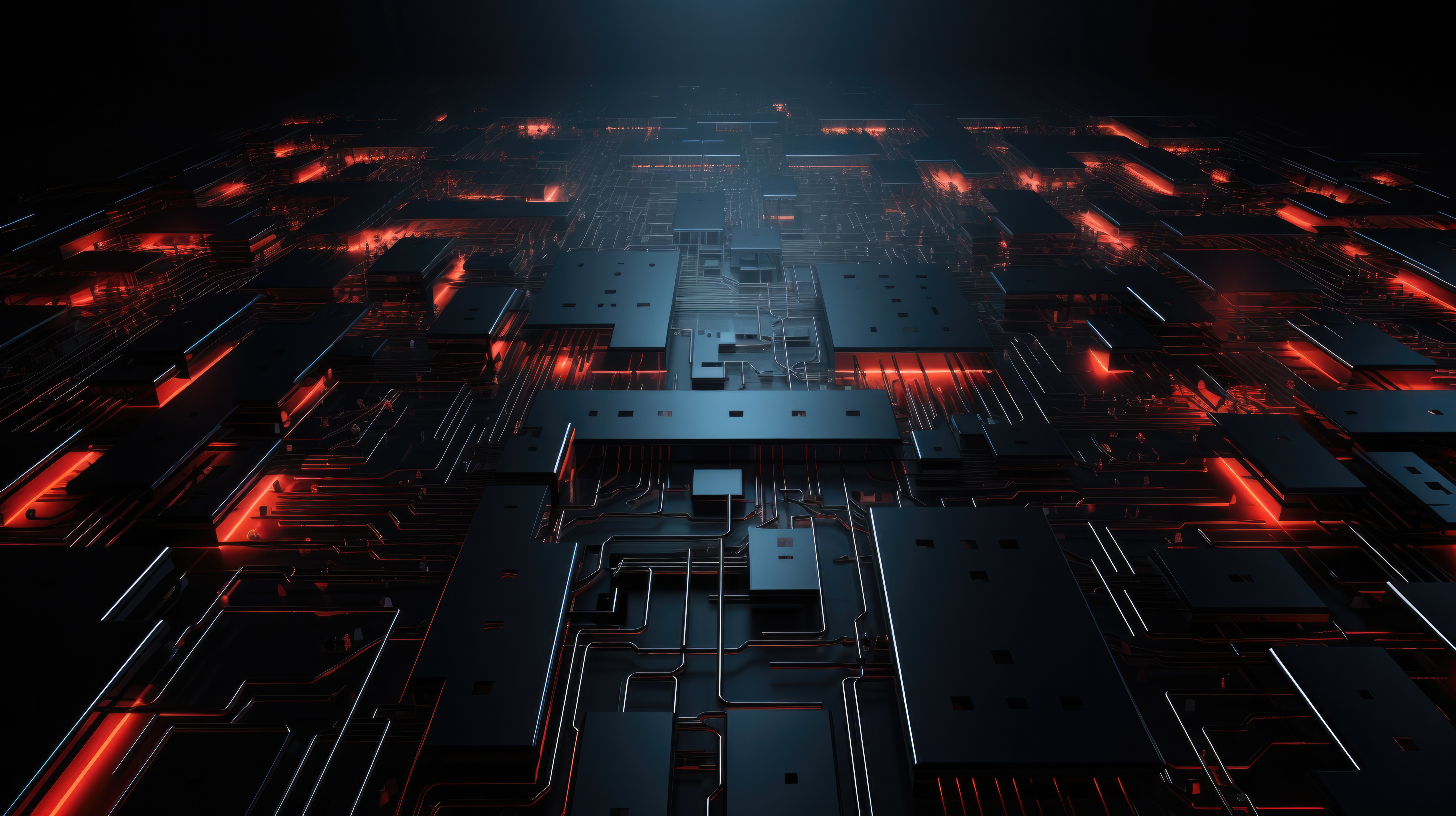 Dark circuit board glowing red — the booking engine at work