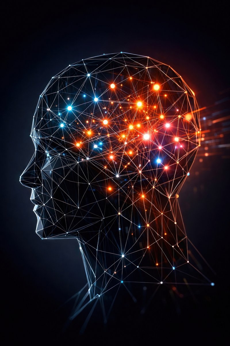 Wireframe human head with glowing neural nodes — the traveller in the loop