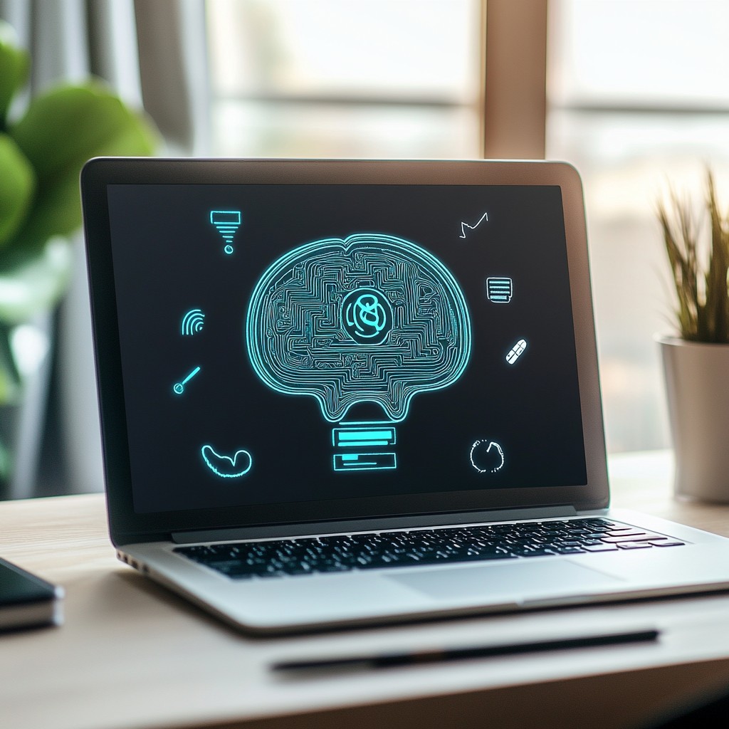 Laptop on a desk with a glowing AI assistant interface on screen
