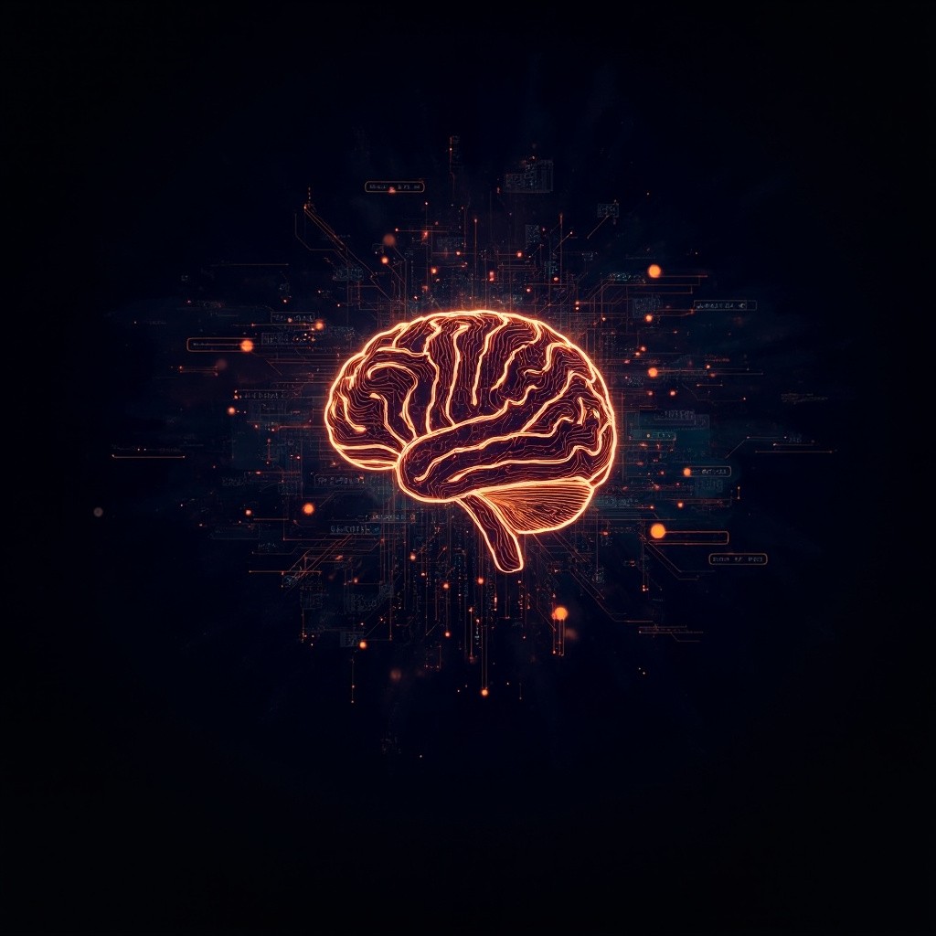 Glowing orange brain outline over circuit traces — the plan under review