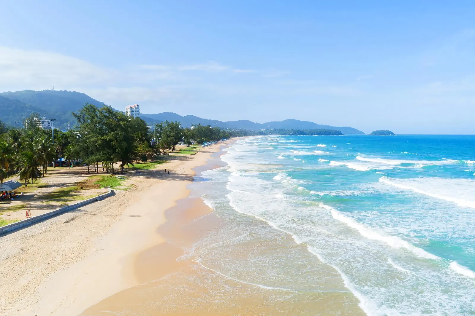 Aerial view of Karon beach, Phuket — golden sand lined with palms